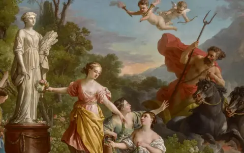 Scène mythologique : l'enlèvement de Proserpine par Pluton, sur fond de paysage champêtre avec des nymphes et des angelots.