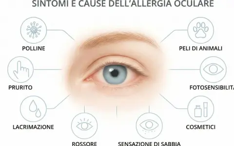 Occhi che prudono, lacrimazione, rossore: sintomi comuni di allergia oculare causata da pollini, peli animali, cosmetici.