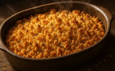Un délicieux crumble sortant du four, fumant et doré. Parfait pour une recette de crumble maison.