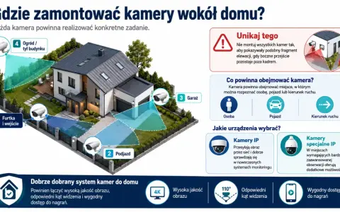 Ilustracja pokazuje, jak zamontować kamery wokół domu, wskazując optymalne miejsca: furtka, podjazd, garaż i ogród.