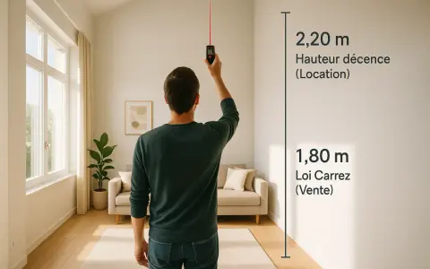 Un homme mesure la hauteur sous plafond d'un salon lumineux avec un appareil laser. Les mesures indiquent 2,20 m pour la décence locative et 1,80 m pour la loi Carrez.