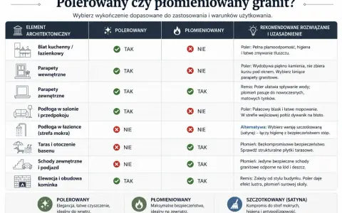 Tabela porównująca granit polerowany i płomieniowany. Płomieniowany granit jest idealny na zewnątrz, np. na tarasy i schody, zapewniając bezpieczeństwo.