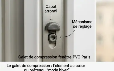 Détail d'un galet de compression sur une fenêtre PVC, élément clé du prétendu "mode hiver".