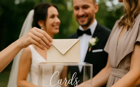 Dłoń wkłada kopertę do przezroczystej skrzynki z napisem "Cards". Młoda para w tle uśmiecha się, a goście wrzucają koperty, być może z myślą, ile na prezent ślubny.