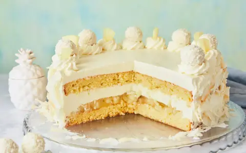 Eine köstliche Piña Colada Torte mit Kokosraspeln und Ananasstücken, verziert mit Sahnetuffs und Pralinen.