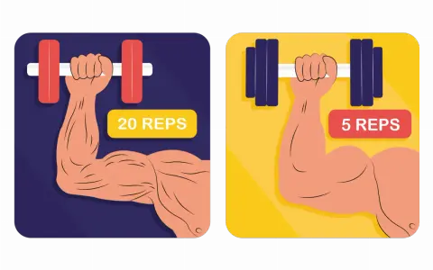 Zwei Arme mit Hanteln. Links: viel Gewicht, wenig Wiederholungen (5 Reps). Rechts: wenig Gewicht, viele Wiederholungen (20 Reps).