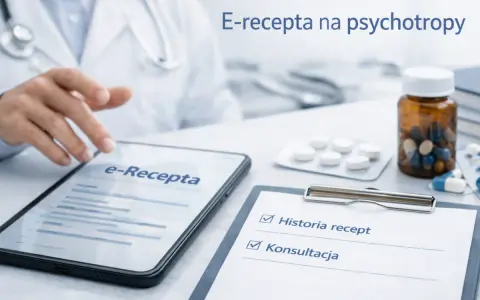 Lekarz korzysta z tabletu z napisem "e-Recepta", przygotowując się do wypisania recepty na leki psychotropowe. Obok leki i dokumentacja medyczna.