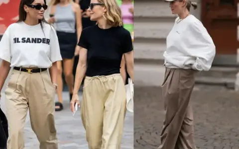 Stylizacje z beżowymi spodniami: biały T-shirt, czarna bluzka i biała bluza. Jaka bluzka do beżowych spodni? Oto inspiracje.