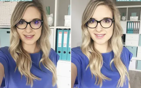 Fajne profilowe na IG! Uśmiechnięta blondynka w okularach, porównanie ujęć daleko i blisko okna.