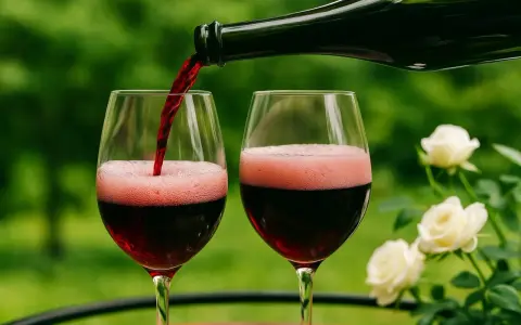 Rotwein wird in zwei Gläser gegossen, wobei sich Schaum bildet. Ein Hauch von Lambrusco Rotwein für einen schönen Abend.