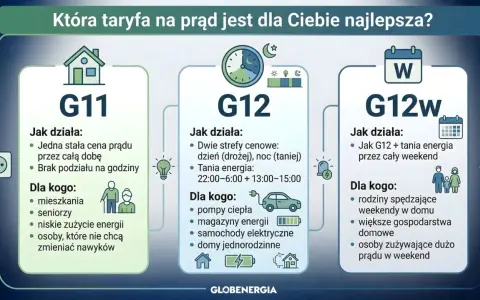 Porównanie taryf prądu: G11 (stała cena), G12 (dwie strefy cenowe) i G12w (z tańszym weekendem). Wybierz najlepszą dla siebie, by skorzystać z zamrożenia cen prądu.