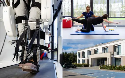 Kolaz z rehabilitacją: pacjent w egzoszkielecie, ćwiczenia z fizjoterapeutką, nowoczesny budynek.