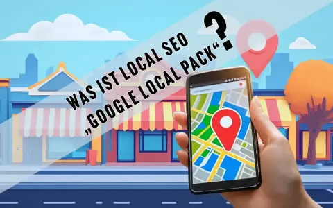 Hand hält Smartphone mit Karte, Fragezeichen und Ortsmarkierung. Text: "Was ist Local SEO, Google Local Pack?".