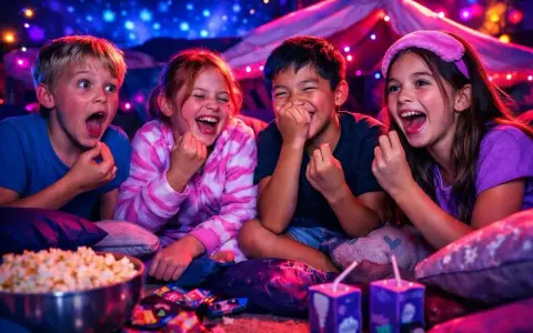 Fyra barn skrattar högt i ett mysigt fort med popcorn och dryck. Perfekt för roliga frågor till barn!