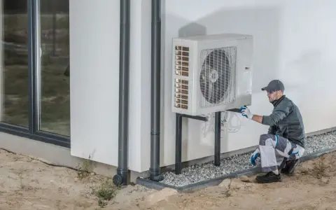 Technik wykonuje protokół uruchomienia pompy ciepła, sprawdzając instalację przy ścianie budynku.