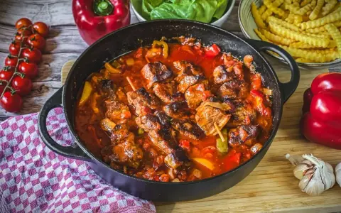 Herzhaftes Schaschlik-Rezept in Gusseisenpfanne mit Paprika, Zwiebeln und Tomaten. Dazu Pommes und frische Zutaten.