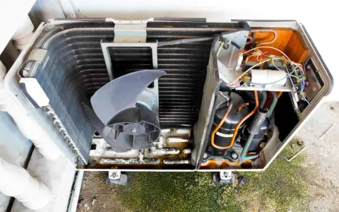 Vista detallada de las partes de un aire acondicionado domestico: ventilador, compresores y serpentín.