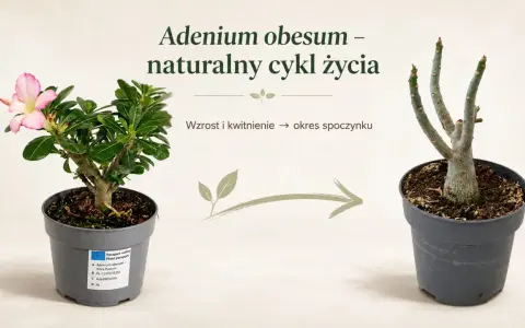 Kwiat pustyni, roślina Adenium obesum, pokazuje swój naturalny cykl życia: od kwitnienia do okresu spoczynku.