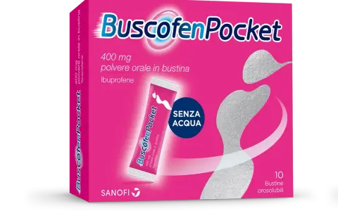 Per i dolori mestruali, prova Buscofen Pocket: 400 mg di ibuprofene in bustine orosolubili, da prendere senza acqua.