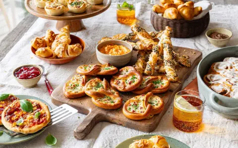 Leckeres Fingerfood: Mini-Pizzen, Brezeln und Croissants aus Pizzateig, dazu Dips und Zimtschnecken.