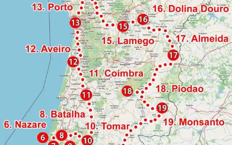 Mapa turystyczny Portugalii, gdzie leży Portugalia, z zaznaczonymi miastami: Porto, Coimbra, Fatima.
