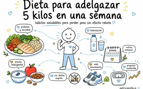 Ilustración sobre dieta para adelgazar 5 kilos en una semana, con consejos de proteína, hidratación, snacks, movimiento y rutina.