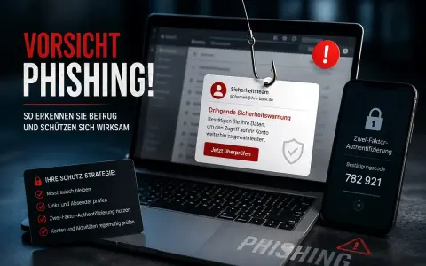 Vorsicht Phishing! Wenn Sie auf einen Betrug reingefallen sind, was tun? Die Grafik zeigt eine Angelrute mit einem Haken, der auf einen Laptop mit einer gefälschten Sicherheitswarnung zielt. Daneben ein Smartphone mit Zwei-Faktor-Authentifizierung.
