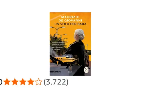 Copertina del libro "Un volo per Sara" di Maurizio de Giovanni. Una donna guarda un aereo privato al tramonto.