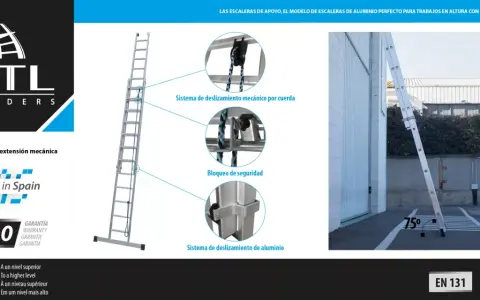 Escalera de aluminio KTL con sistema de deslizamiento mecánico y bloqueo de seguridad, ideal para trabajos en altura. La altura escalon es perfecta para alcanzar cualquier punto.