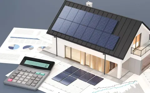 Maison avec panneaux solaires sur le toit et au sol, entourée de graphiques et d'une calculatrice pour le calcul ensoleillement toiture.