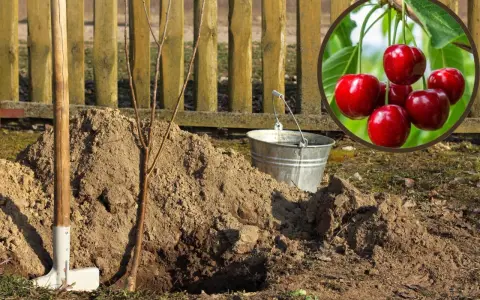 Sadzenie czereśni: młode drzewko, łopata, wiaderko i pyszne, dojrzałe owoce.