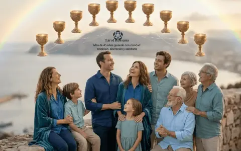 Una familia feliz bajo un arcoíris, con copas doradas flotando. Representa que significa el 10 de copas en el tarot: plenitud y armonía familiar.
