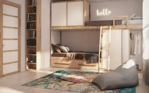 Letto a soppalco fai da te con armadio integrato, libreria e un accogliente sacco a pelo.