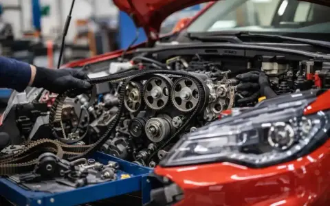 Mechanik w czarnych rękawiczkach dokonuje wymiany łańcucha rozrządu w czerwonym samochodzie.