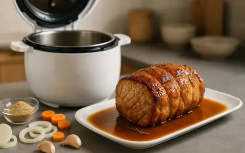 Un délicieux roti de porc cookeo, doré et juteux, baignant dans sa sauce. Ingrédients frais à côté : ail, oignon, carottes, épices.