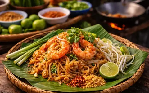 En läcker Pad Thai med räkor, böngroddar, lime och en smakrik pad thai sås. Serveras på bananblad i en korg.