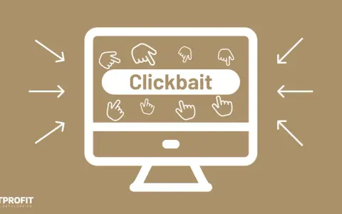 Pfeile ziehen den Blick auf einen Monitor mit der Aufschrift "Clickbait". Viele Mauszeiger laden zum Klicken ein.