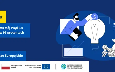 Budżet programu Mój Prąd 6.0 wykorzystany w 95%. Grafika przedstawia inwestycję w energię odnawialną, symbolizowaną przez żarówkę i worek z pieniędzmi.