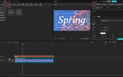 Edytor wideo z opcjami tekstu: dodawanie, formatowanie i stylizacja napisu "Spring" na tle kwitnącej wiśni.