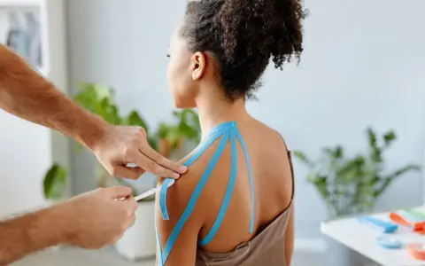 Therapeut legt blaues Kinesio-Tape an Schulter an. Vielleicht ein neues, modernes "Omas Hausmittel gegen Schulterschmerzen"?