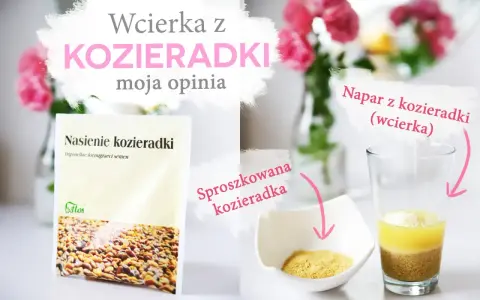 Napar z kozieradki (wcierka) na włosy. Widać opakowanie z nasionami kozieradki, sproszkowaną kozieradkę i szklankę z naparem.