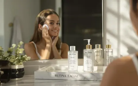 Una mujer sonríe mientras se aplica tónico facial. Varios productos de la línea Rutina Facial se exhiben en un tocador, mostrando para qué sirve el tónico facial.