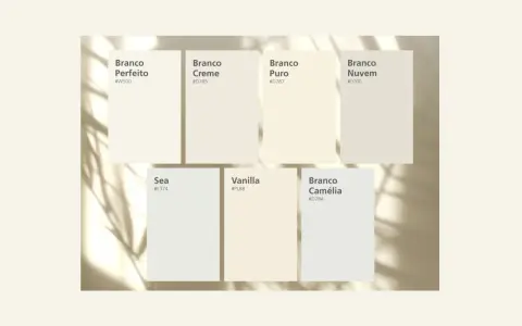 Paleta de colores que muestra cuántos tonos de blanco hay: Branco Perfeito, Creme, Puro, Nuvem, Sea, Vanilla y Camélia.