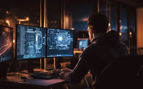 Programista w okularach, w kapturze, pochylony nad klawiaturą, wykonuje sanity check kodu na ekranach wyświetlających schematy i dane.