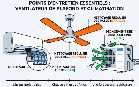 Entretien d'un ventilateur de plafond et d'un climatiseur : nettoyage des pales et des filtres. Le mode fan du climatiseur est essentiel.