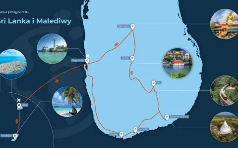 Mapa Sri Lanki i Malediwów z zaznaczonymi trasami podróży i zdjęciami atrakcji.