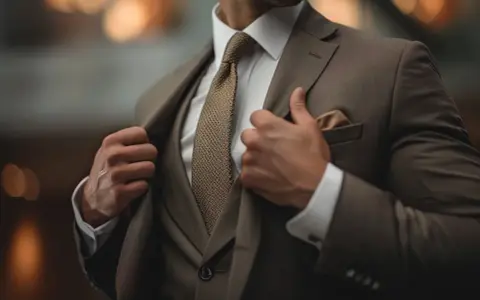 Uomo in abbigliamento business formal marrone, con camicia bianca e cravatta a trama.