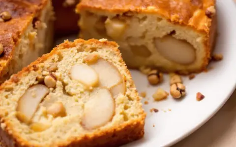 Tranche de gâteau poires amandes moelleux, parsemé de noisettes entières et de morceaux d'amandes.