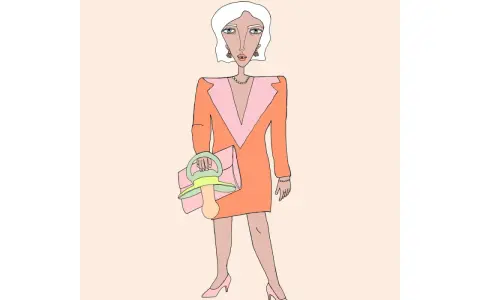 Eine Frau im orangefarbenen Kleid mit Schnuller-Handtasche, die den "Mama Burnout" symbolisiert.