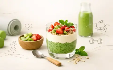 Zdrowe fit desery: pudding chia z owocami, smoothie i akcesoria sportowe. Idealne na regenerację po treningu.